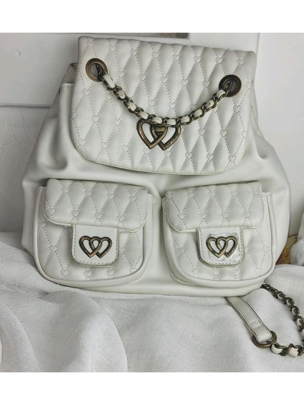 Betsey Johnson White Quilted Mini Backpack Heart Chain Detail Y2K Coquette XOXO